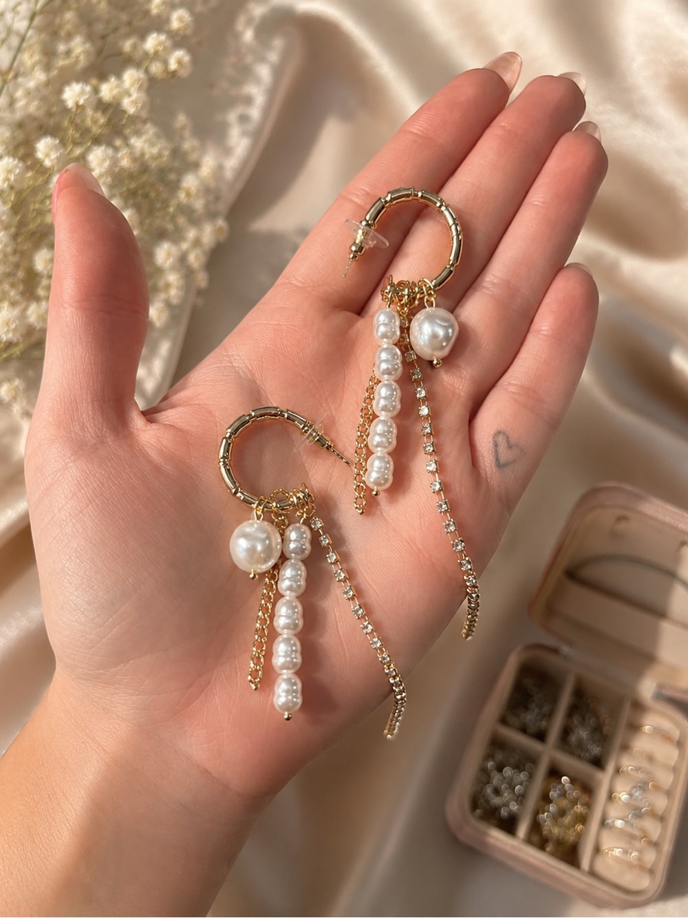 Gold Hoop Earrings with White Pearl Drops and Crystal Chains